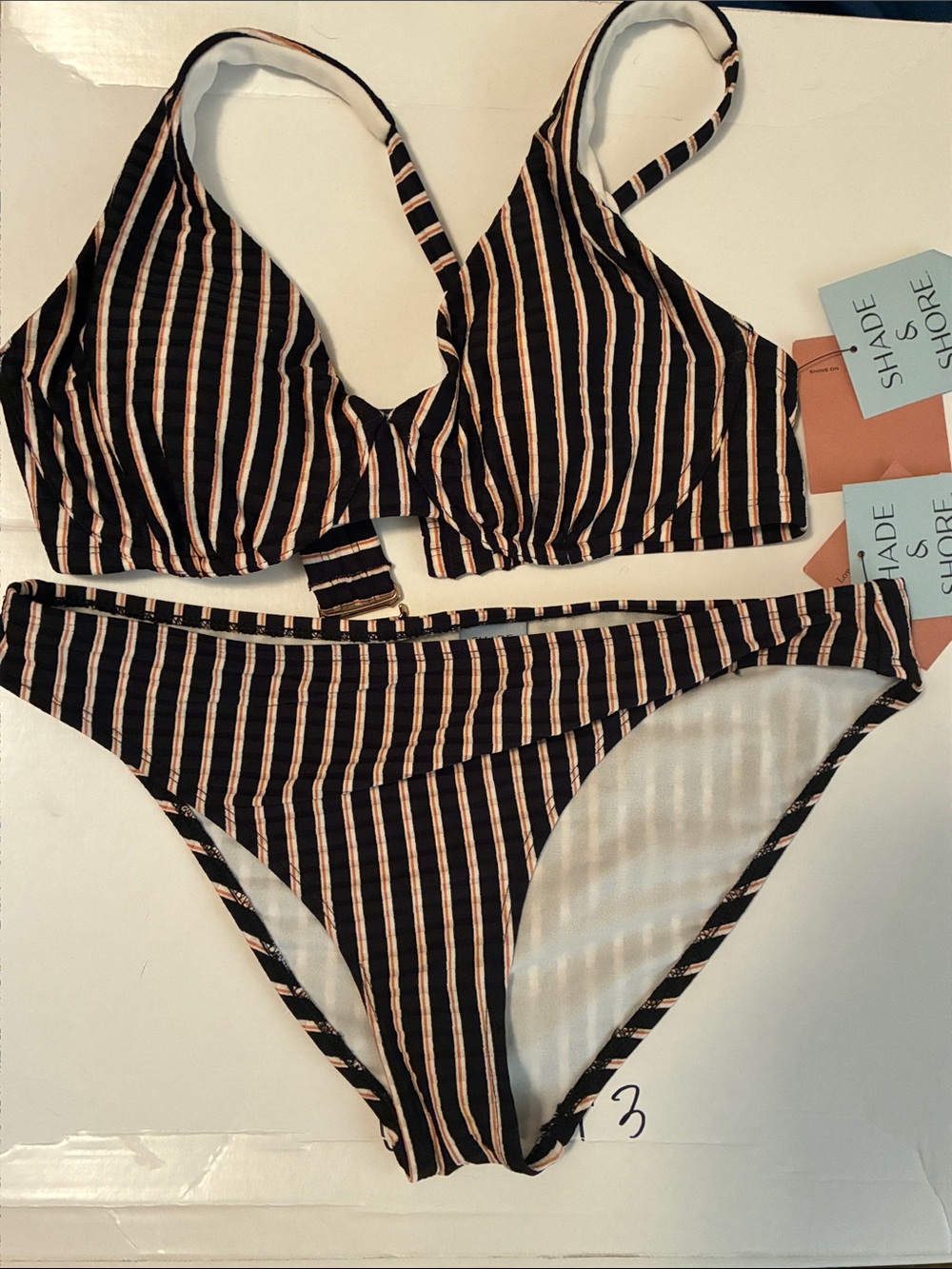 Shade & Shore Black and Tan Striped Bikini Set